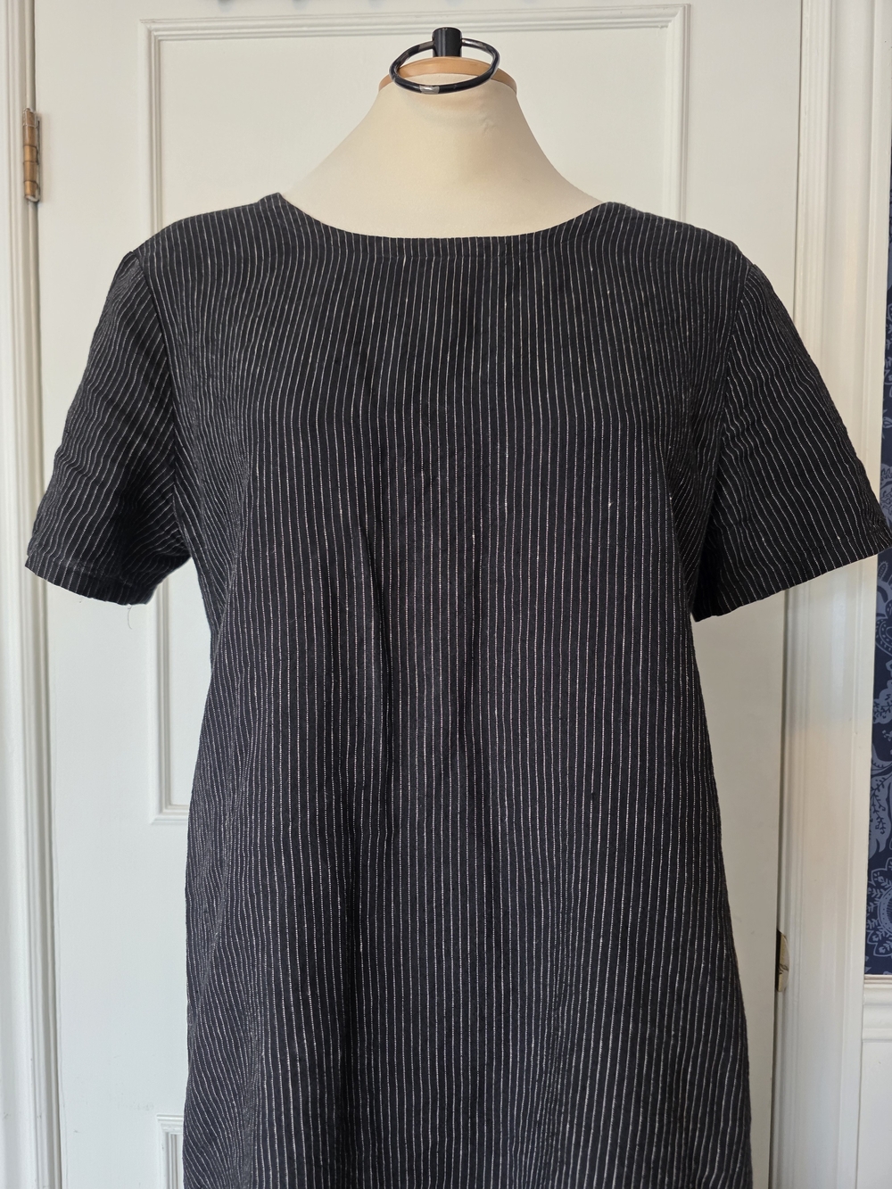 Organic Linen Pinstripe Short Sleeve Shift Dress M - lagenlook, eco, capsule